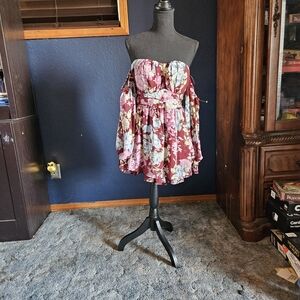 Miss Avenue Burgundy Floral Tie-Waist Romper with Blue and Cream Blooms